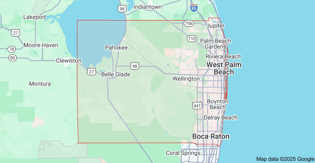 Map of Palm Beach County highlighting Wellington, West Palm Beach and palm beach county service area