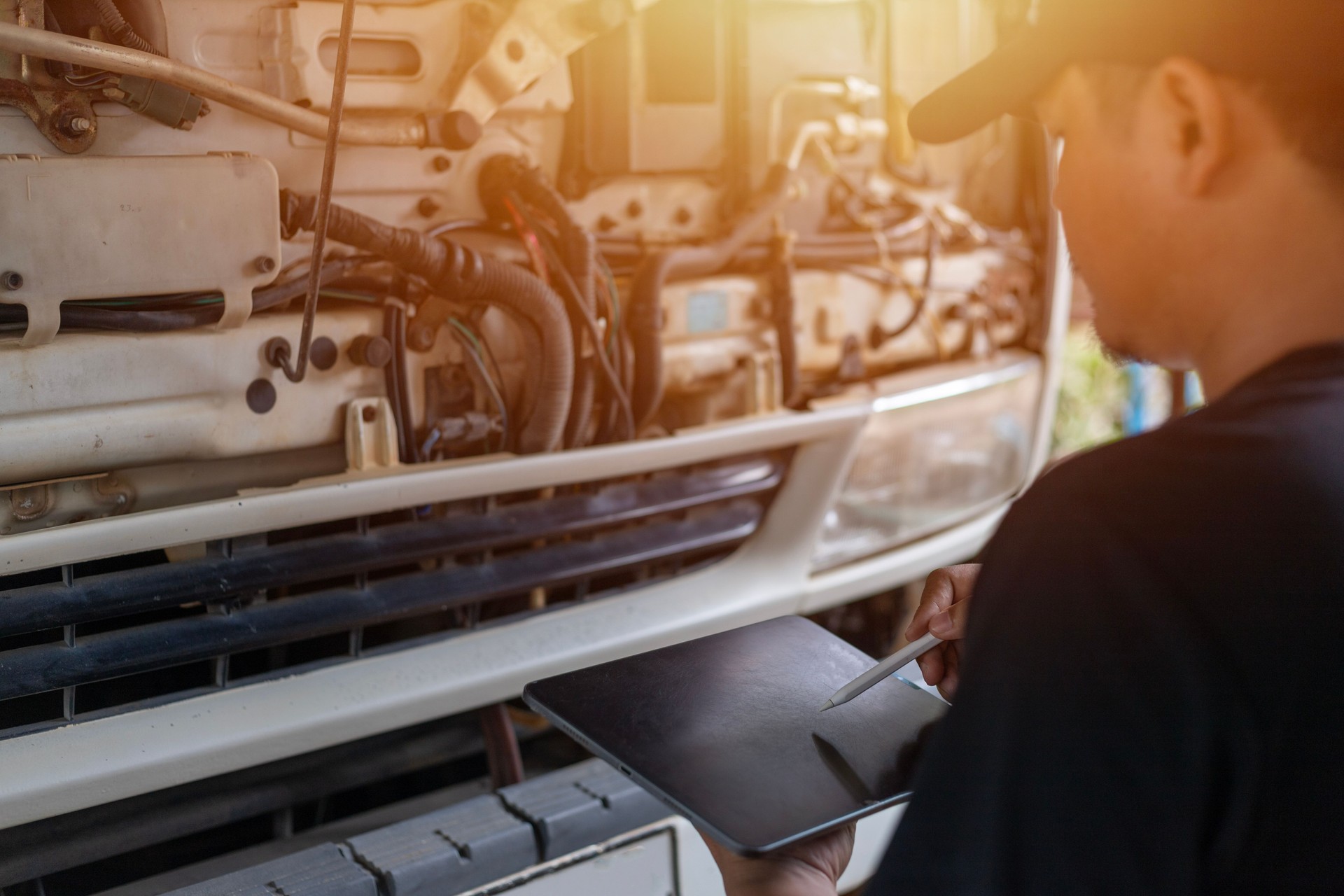 Alberts Road service is looking at the engine of a Peterbilt Semi truck on Florida turnpike